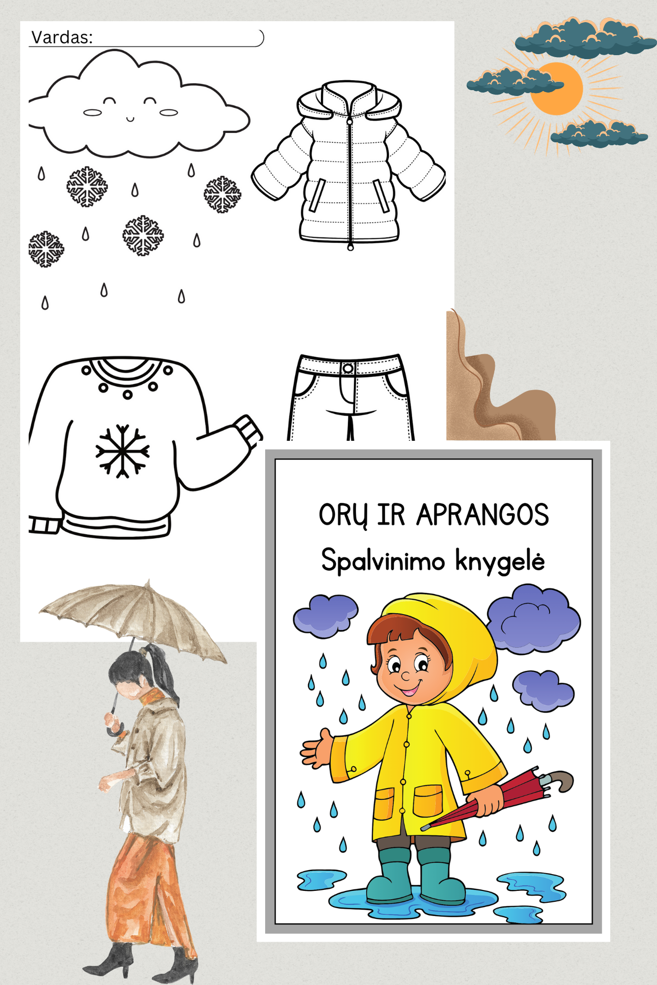 Orų ir aprangos spalvinimo knygelė